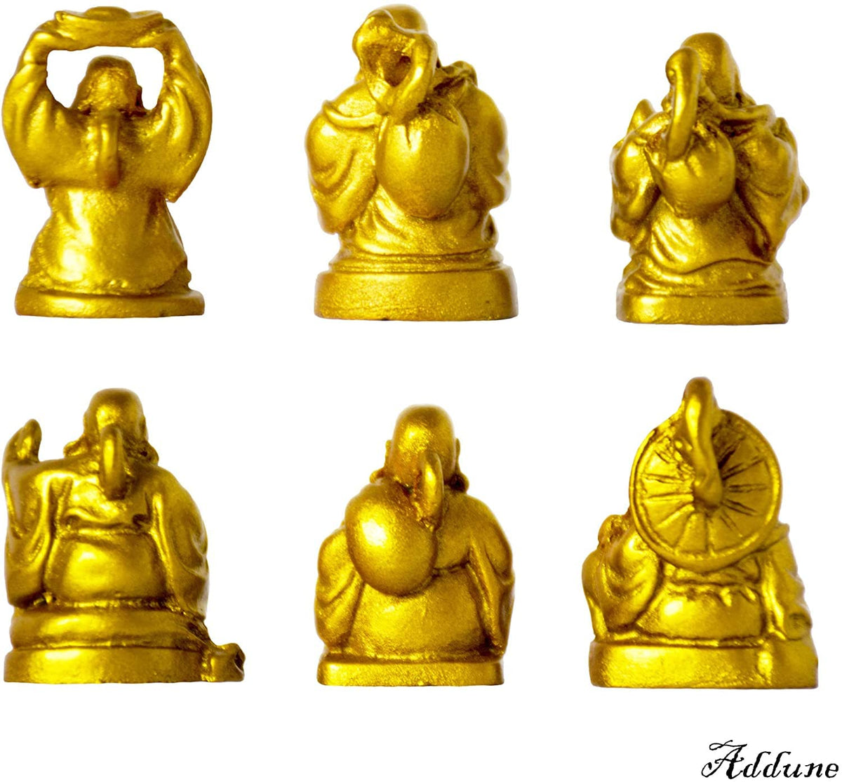 Set of 6 Mini Laughing Happy Buddha Statue Resin Figurines Feng Shui for Luck Wealth Good Gift and Collection (Gold / 1'')