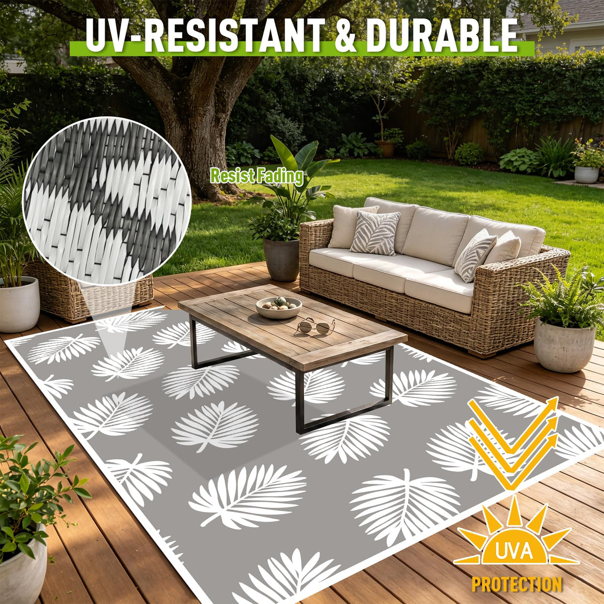 Outdoor Rug 5x8 ft Waterproof plastic Mat For RV Backyard Deck Patio Grey (Palm Frond / 5x8 Feet)