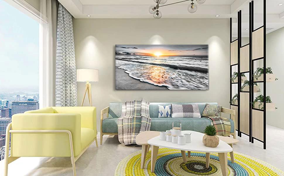 Large Size Wall Art Bedroom Black white Beach Wall Art Sunset Ocean Picture Painting Sea Decor Poster Office Artwork Living Room Decor Kitchen Prints Art Framed Canvas Decorations 24x48 (beach 00 / 48"L x 24"W)