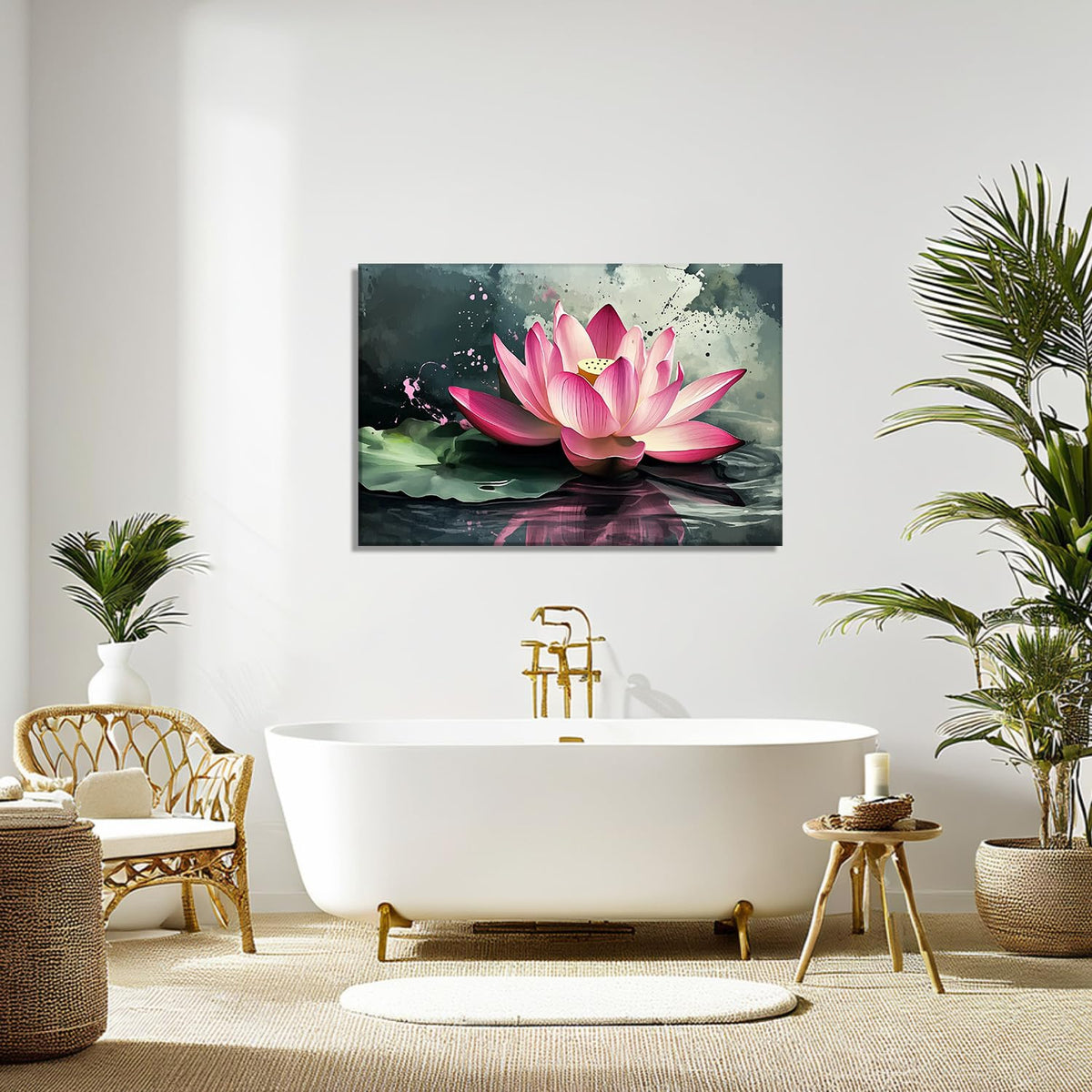 Lotus Canvas Wall Art Zen Wall Decor Framed Pink Lotus Flower on Water Picture Meditation & Relax Painting Watercolour Prints Spiritual Room Bathroom Ready to Hang (30"L x 20"W / P - Pink Lotus)