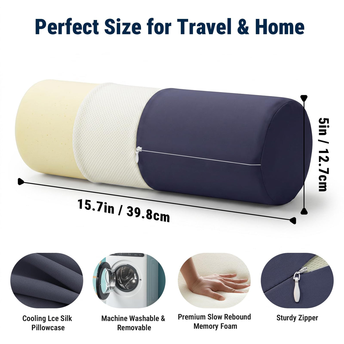 Neck Roll Pillow (Navy Blue / Medium - 5.0" H)