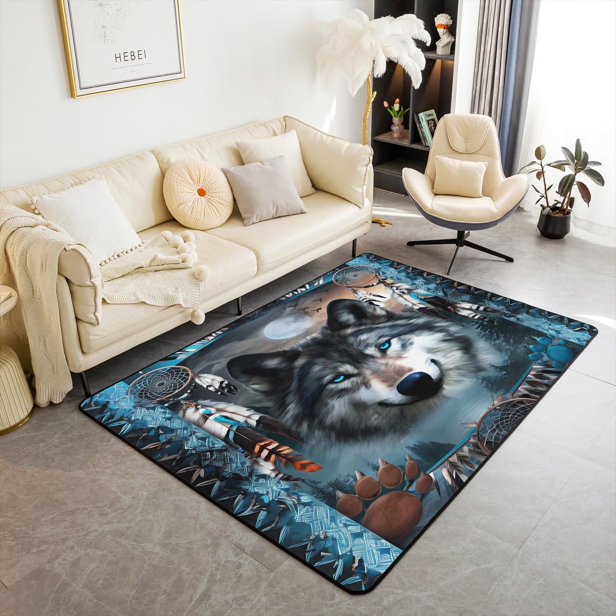 Western Wolf Area Rug 3x5 Bohemian Dream Catchers (Grey Blue / 3'3" x 4'11" (Rectangular))