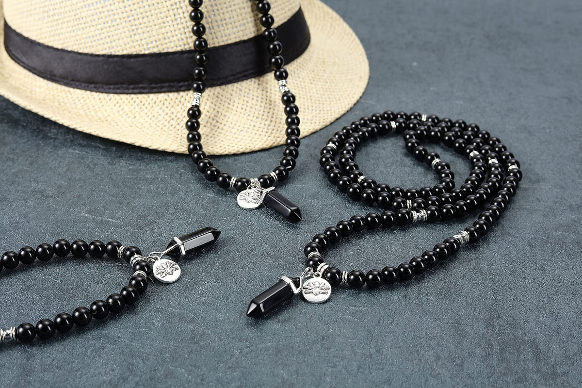 108 Mala Beads Bracelet 8mm Natural Black Obsidian Healing Crystal Stone Mala Prayer Bead Necklace Hexagonal Prism Gemstone Reiki Pointed Pendant for Yoga Meditation Energy Balancing (Black Obsidian Crystal)