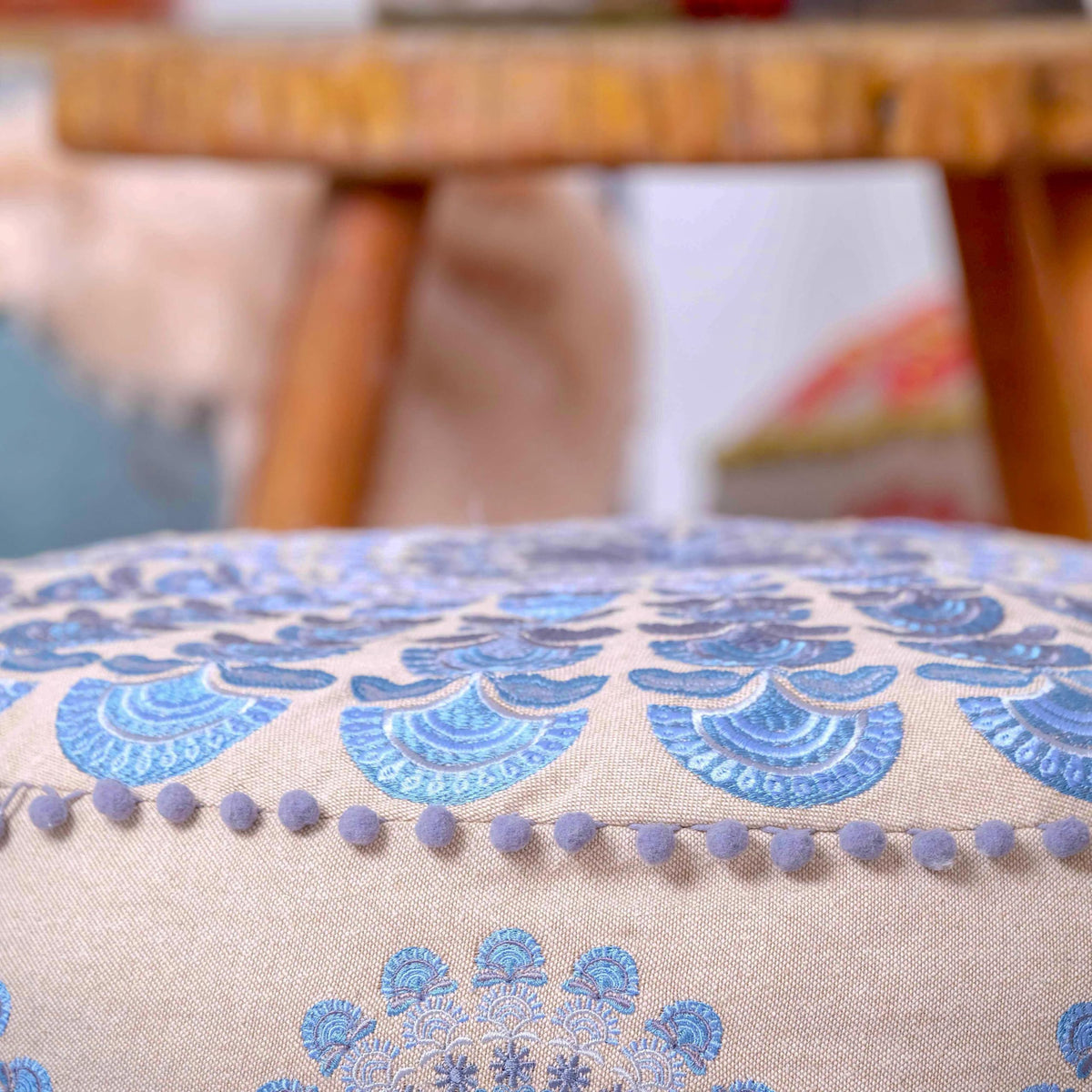 Large Round Floor Pillow Cover Blue Indian Decorative Accent Meditation Cushion (Pouf Cover / Blue Peacock)