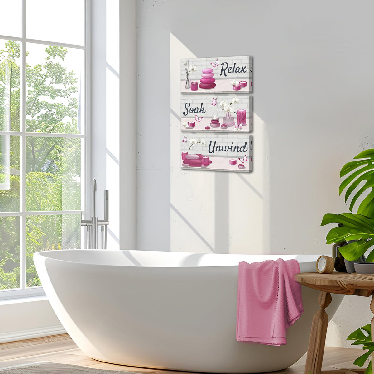 Pink Bathroom Wall Art Zen Pictures Canvas Painting for Zen Meditation Room Wall Decor Framed 8"x16" for Each (Pink)