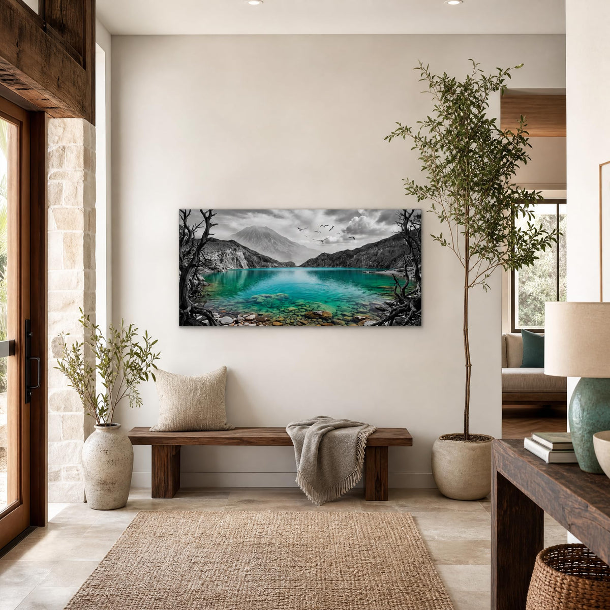 Black and White Mountain Canvas Wall Art Colorful Tropical Floral Lake Landscape Painting Flat Print Gallery Wrapped Artwork for Living Room Bedroom Bathroom Decor (Mysterious / Black Mountain Lake 19 / 40"L x 20"W)
