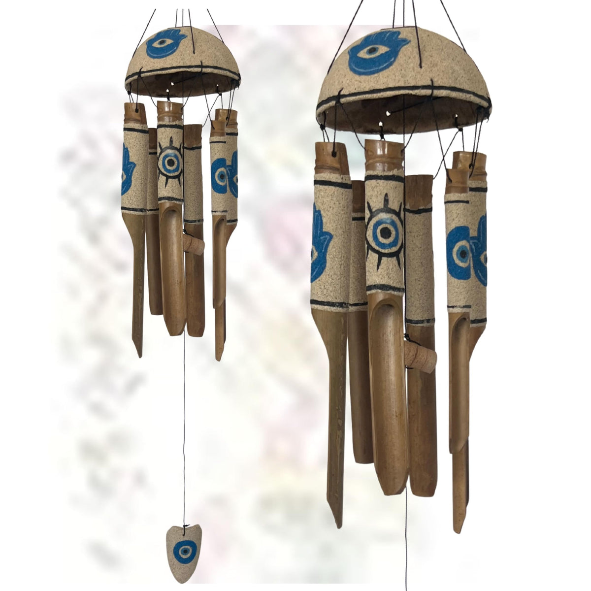 Bamboo Wind Chimes Sea Sand Art Painting Hamsa Evil Eyes Protection Handmade Windchimes Outdoor Garden Patio Gifts 32 Inch (Blue Sand)