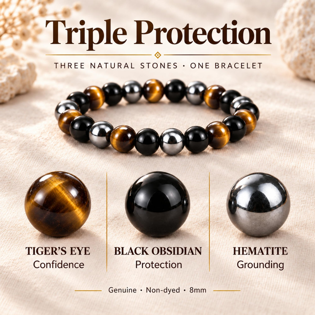 Triple Protection Gold 8mm Beaded Bracelet (Triple Protection Gold / Small)