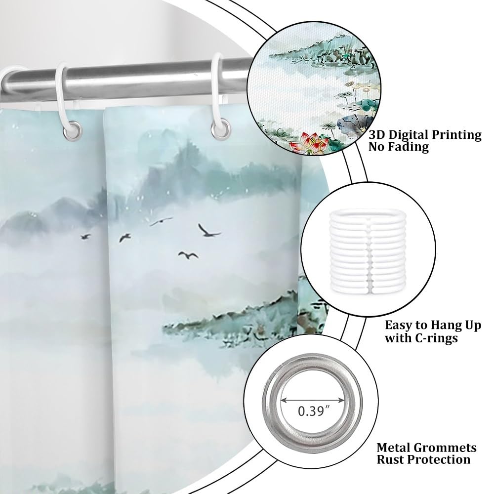 Watercolor Lotus Shower Curtain Chinese Pastoral Landscape Ink Painting Lotus Bathroom Curtains Flower Plant Mountain River Wild Goose Green Fabric Shower Curtain Set with Hooks 60x72 Inch (60"W x 72"L (Pack of 1) / Green-14)