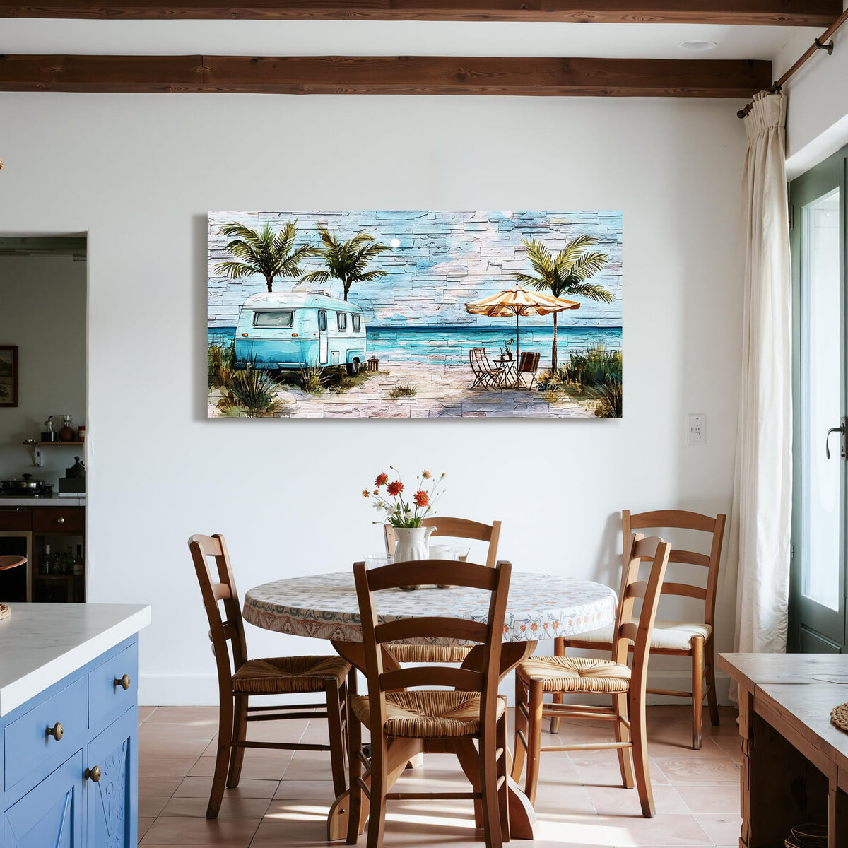 Coastal RV Large Wall Art Vintage Watercolor Decor Print 24x48in (Beach Journey / 48"L x 24"W)