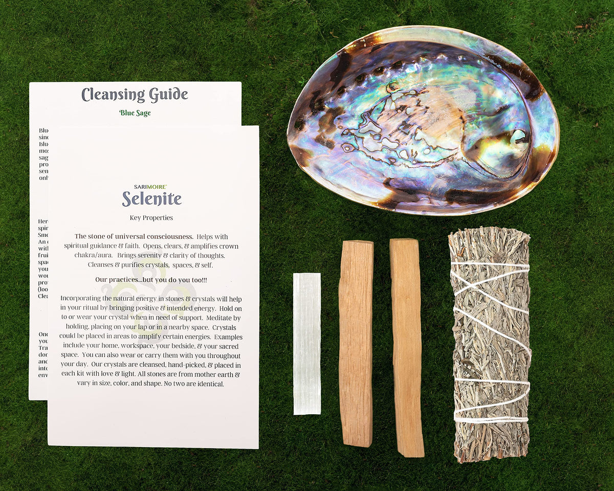 Sage Kit Blue Sage Smudge Stick ~ Abalone Shell for Smudging ~ Palo Santo Sticks ~ 2 inchTripod Stand ~ 8 inch Feather and White Sand