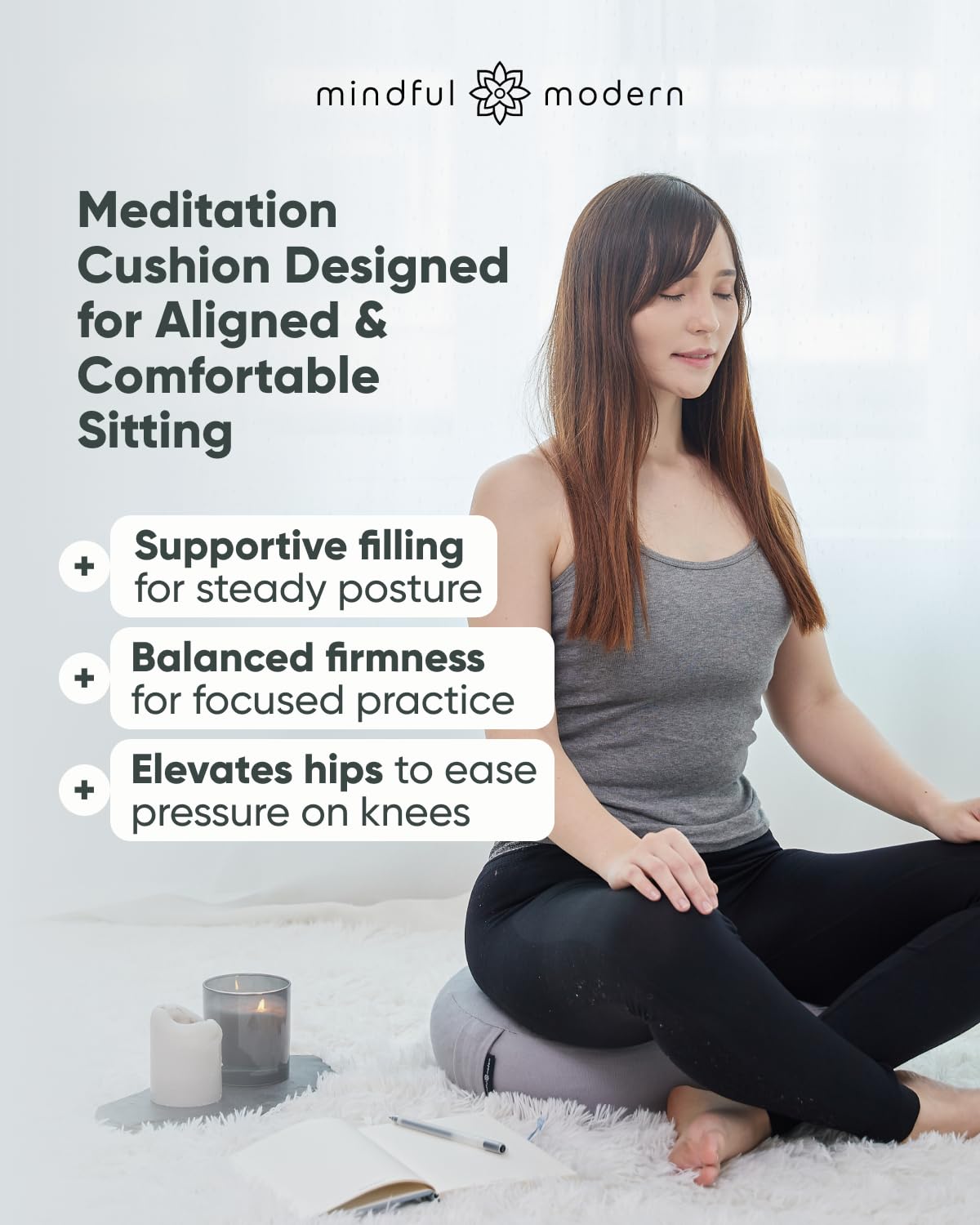 Mindful & Modern Large Meditation Cushion for Zafu Yoga (Round - Grey)