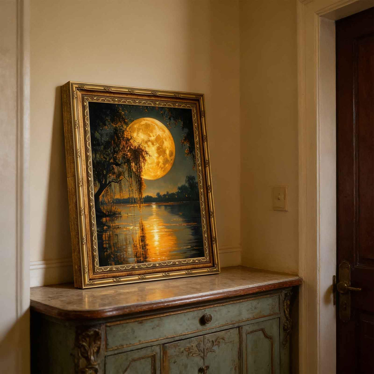 Large Full Moon Lake Canvas Wall Art Framed Moon Forest Tree Decor Picture Vintage Moody Dark Gold Living Poster Prints for Study Office Corridor Room Resort Home Decoration (moon / 36"L x 24"W)