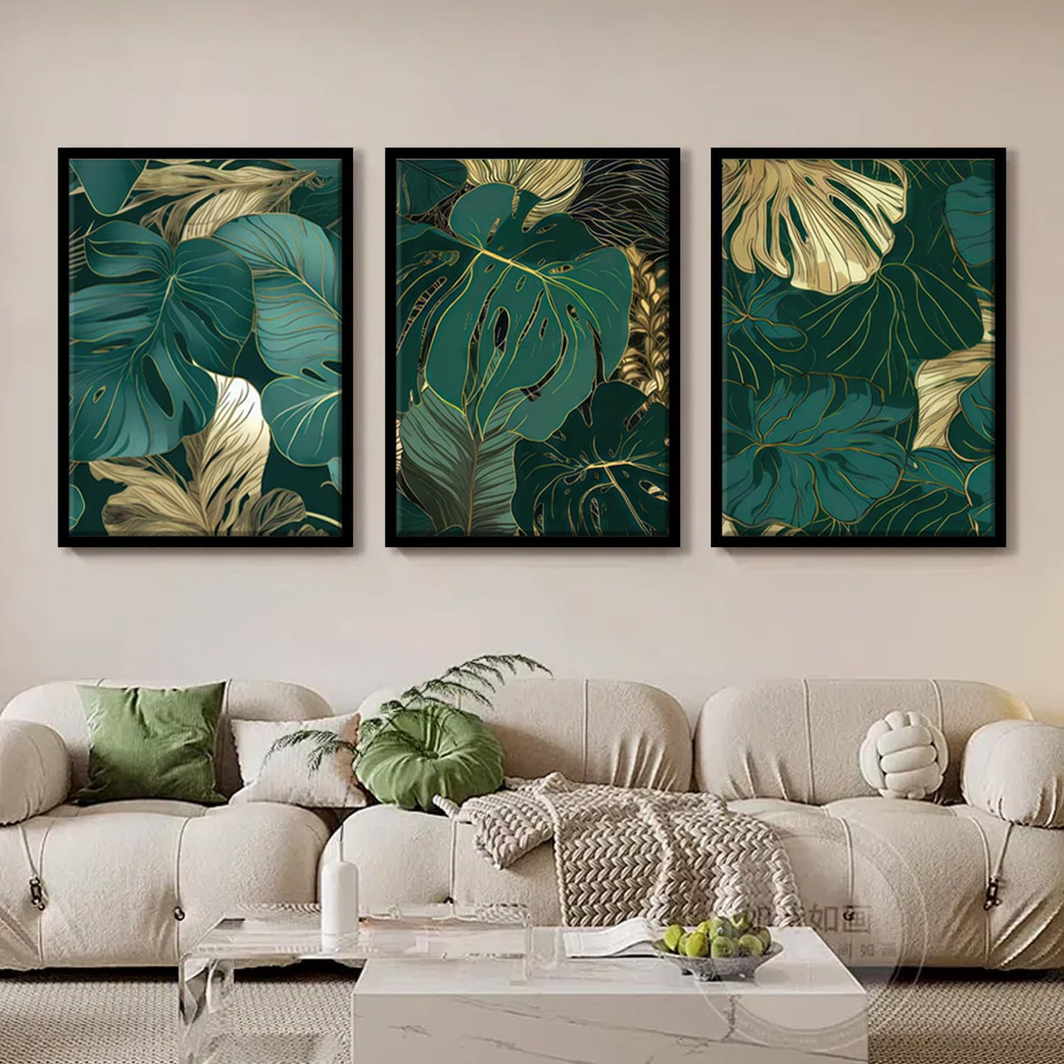 Tropical Botanical Leaf Wall Art Dark Green Picture Wall Decor (Green Leaf-3pcs / 12 X 16 Inches)