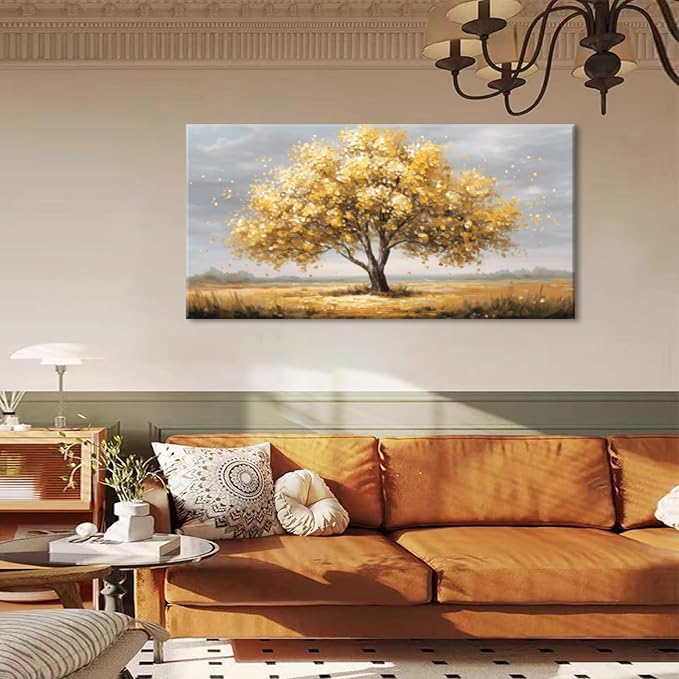 Gold Tree Wall Art for Living Room Office Calming Texture Yellow Gold Tree of life Painting Prints Abstract Canvas Artwork Dining Bedroom Decor (Abstract / Gold Tree of Life Wall Art / 40"L x 20"W)