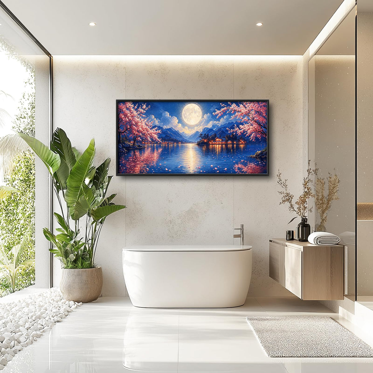 Japanese Cherry Blossom Large Wall Art Moon Night Wall Decor Canvas Framed Pictures Painting Artwork For Living Room Bedroom Office Bathroom 30"X60" (Japanese Cherry Blossom / 60"L x 30"W)