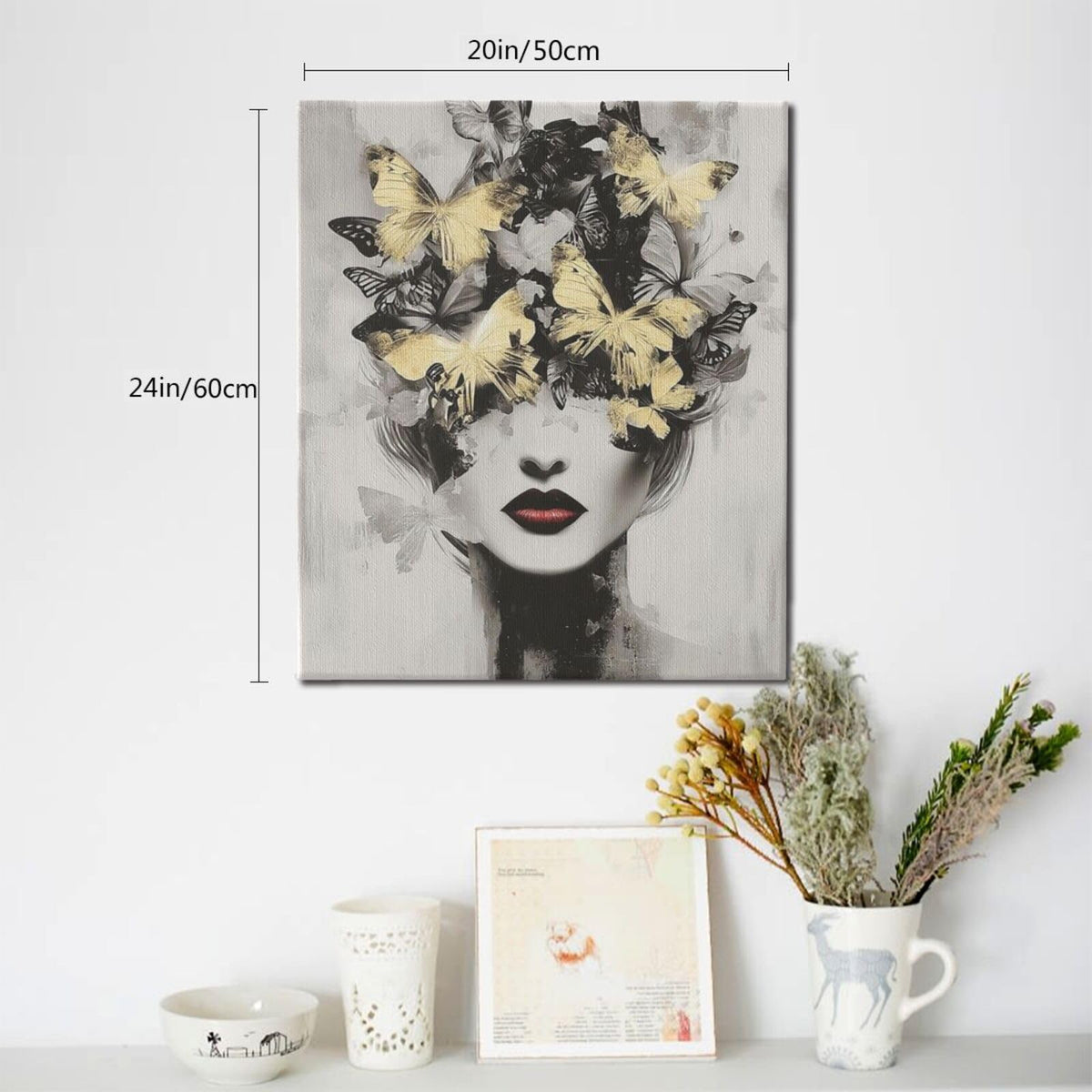Gold Butterfly Woman Wall Art Black and White Female Wall Decor Modern Grey Aesthetic Canvas Pictures Paintings Prints Artwork Framed Decorations For Beauty Salon Spa Bathroom Bedroom Living Room Office Gifts 20" x 24" (Woman Flower / 24"L x 20"W)