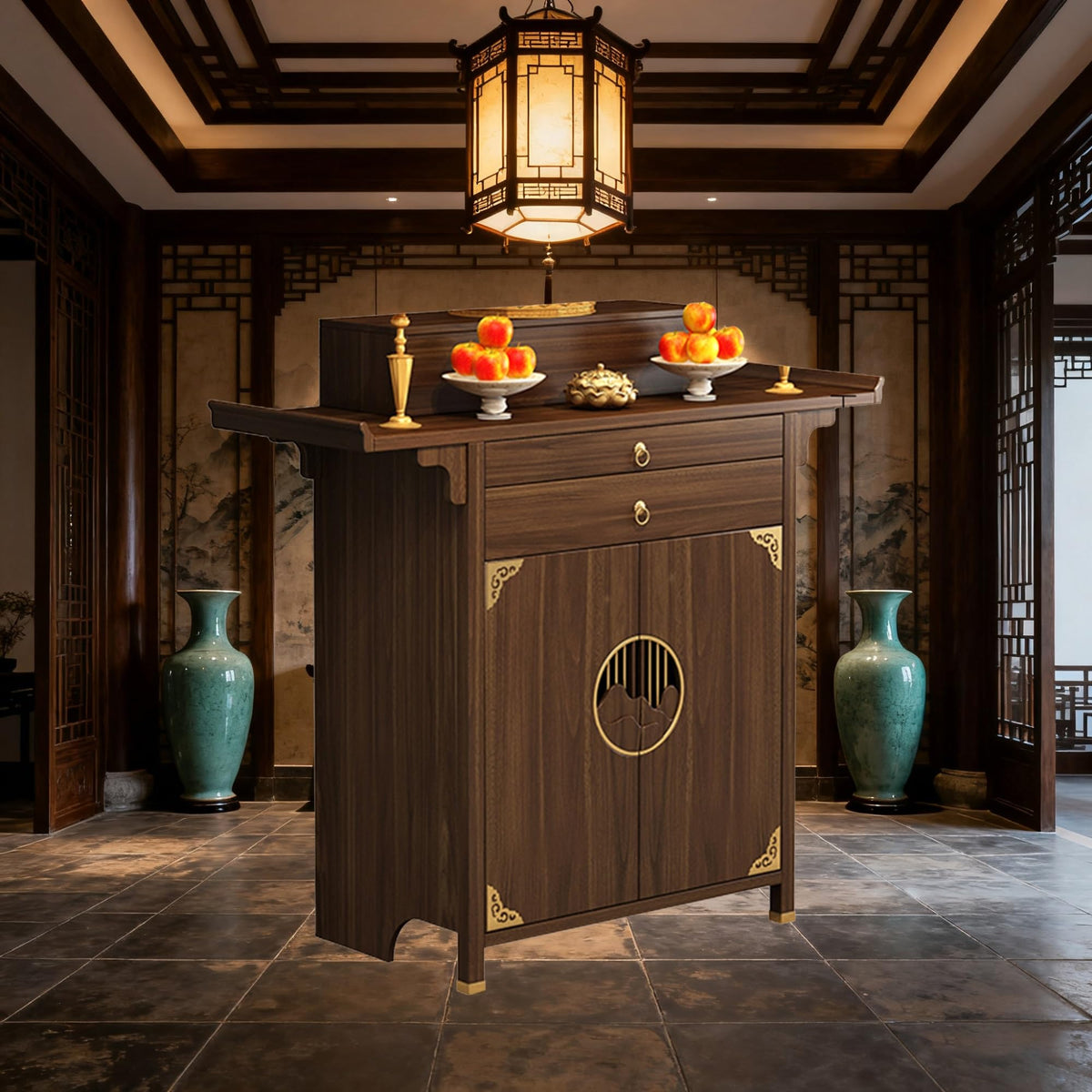 Personal Shrine Stand Bamboo Altar Cabinet Buddha Niche Chinese Cabinet with Storage Buddhist Table with Drawer for Home Use for Family Worship Use for Living Room (Walnut / 42.52x18.9x46.65in)