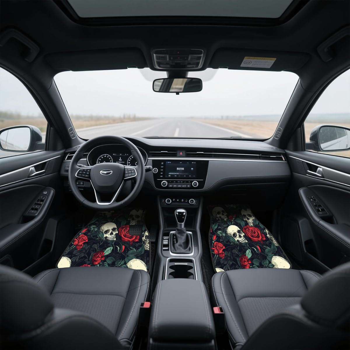 Skull Car Floor Mats Set of 4 Rose Vintage Gothic Art Red Black Green Automotive Car Floor Carpets Non (26.8"L x 17.3"W x 0.4"Th / Skull)