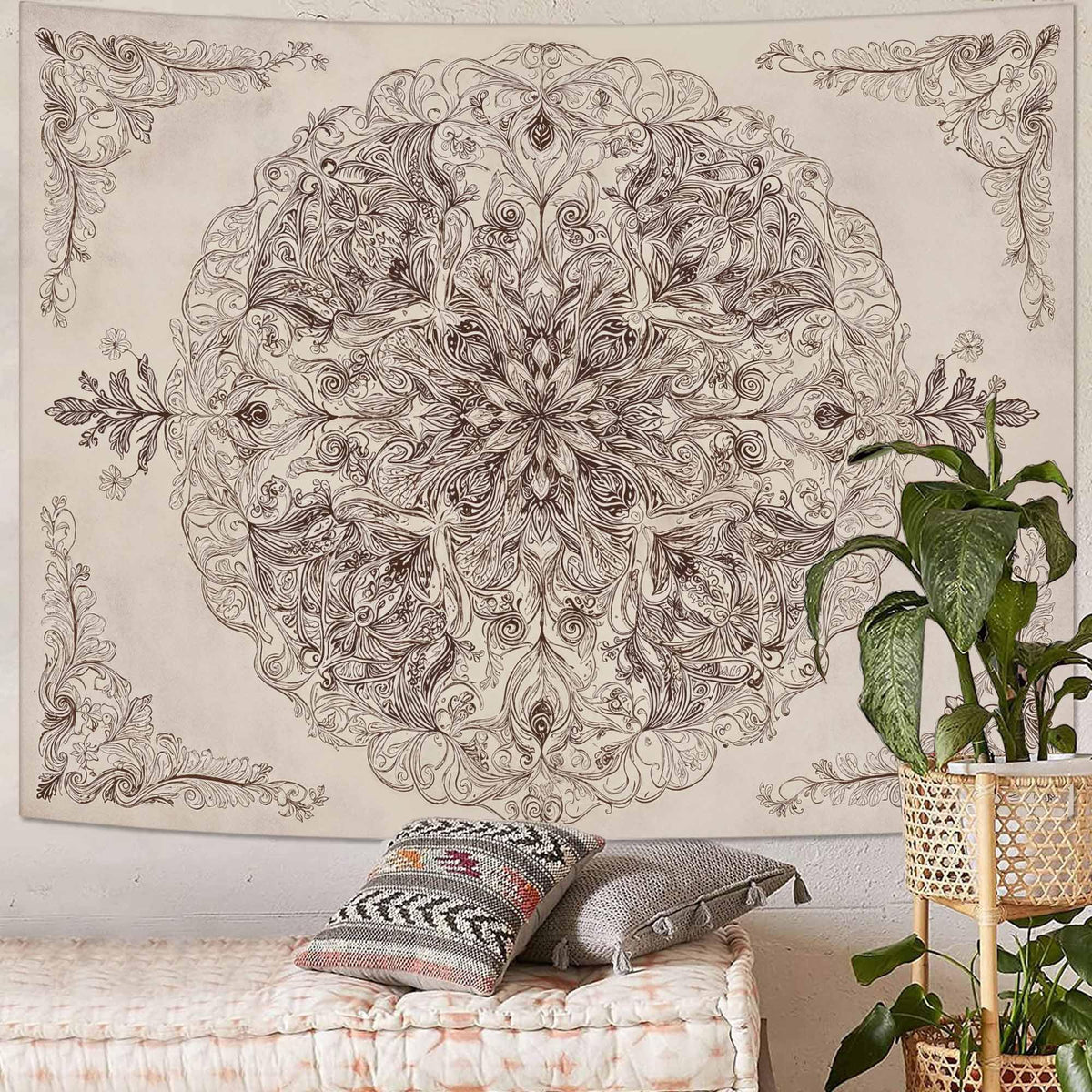 Vintage Floral Mandala Tapestry (80"L x 60"W / Ivory)