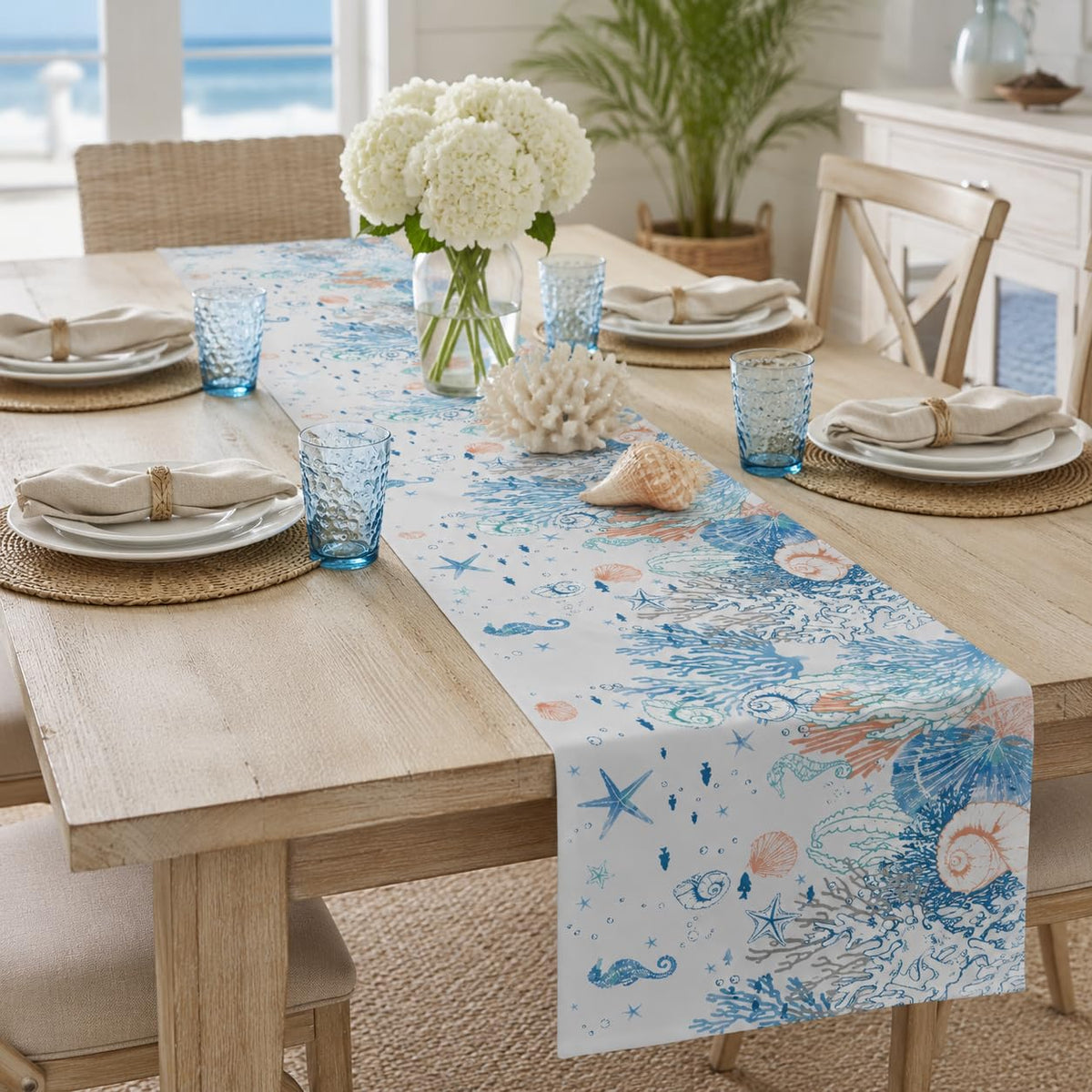 Coastal Beach Table Runner (13x90inch / Ocean Blue & Coral)