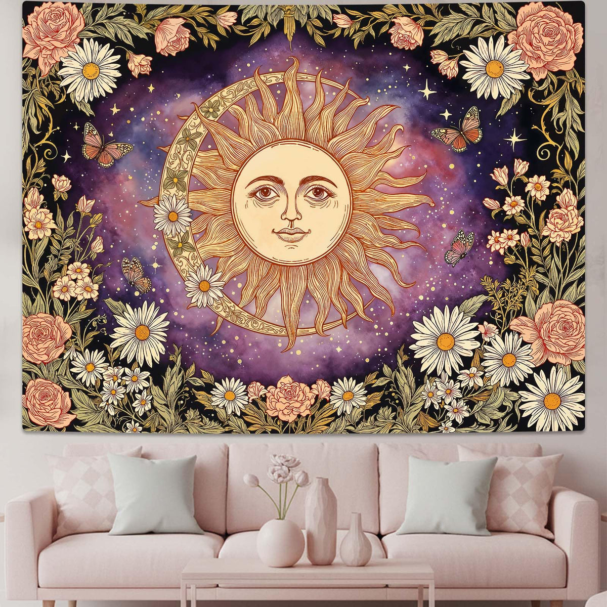 Boho Sun and Moon Vintage Purple Daisy Floral Tapestry 80 x 60 Inch (Purple Sun Rose / 80"L x 60"W)