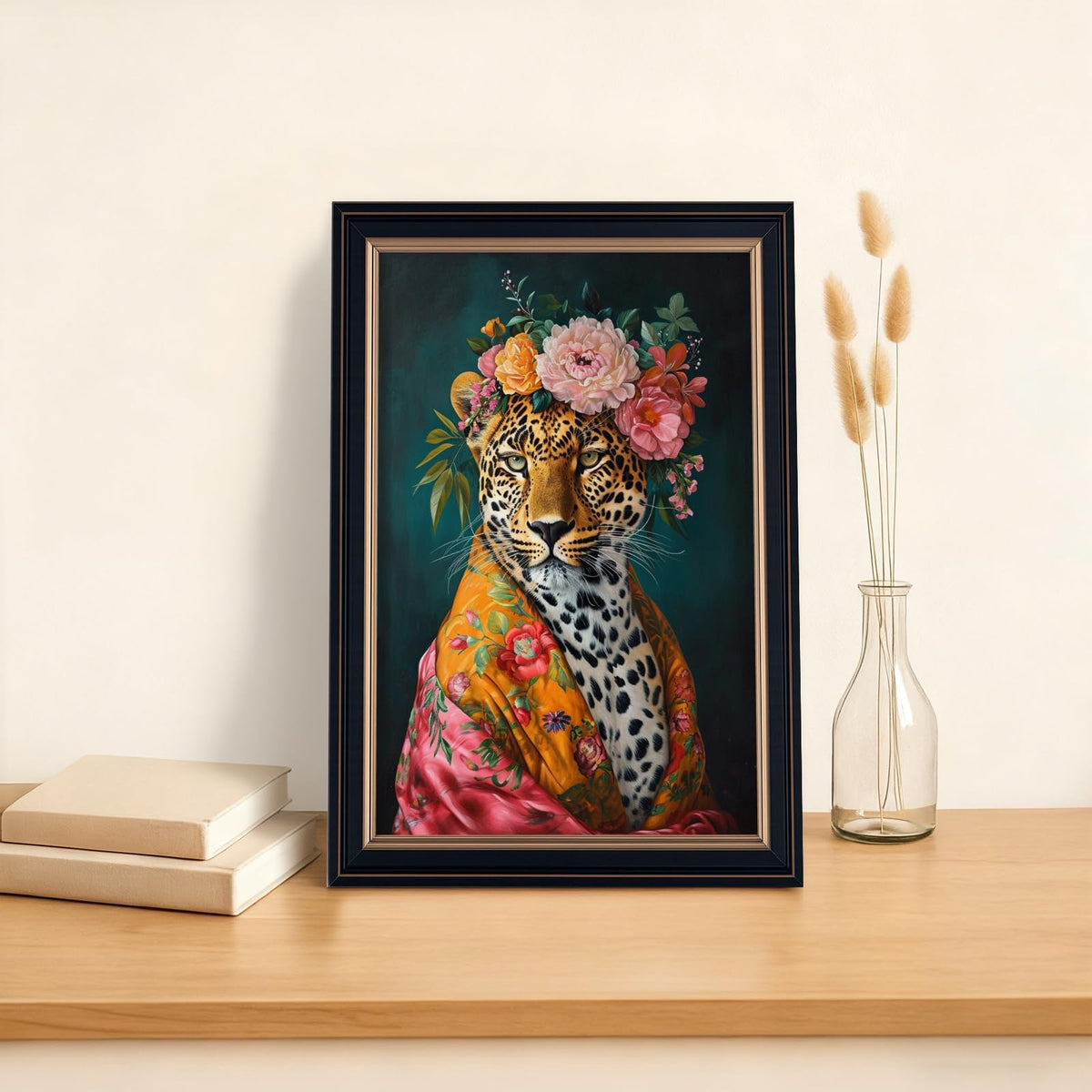 Framed Floral Leopard Wall Art Canvas Print Colorful Crown Cheetah Portrait Poster Vintage Botanical Painting Wild Animal Artwork Maximalist Jungle Picture Living Room Bedroom Decor 16x24inch Black (16"L x 24"W / Style-2 Retro Black Frame)