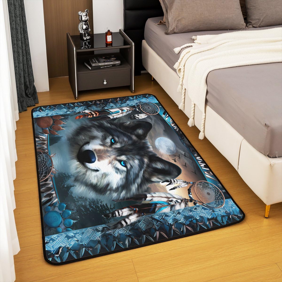 Western Wolf Area Rug 3x5 Bohemian Dream Catchers (Grey Blue / 3'3" x 4'11" (Rectangular))