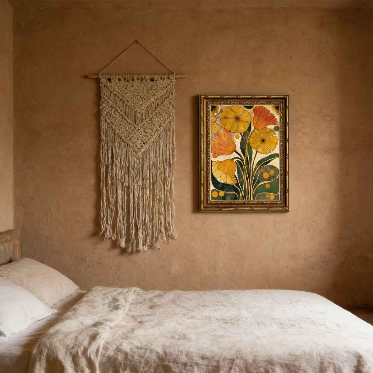 Abstract floral Canvas Wall Art Framed Boho Orange Flower Decor Picture Vintage Medieval Mustard Yellow Plant Bedroom Living Poster Prints for Dining Study Office Corridor Room Resort Home Decoration (flower / 11"L x 9"W)