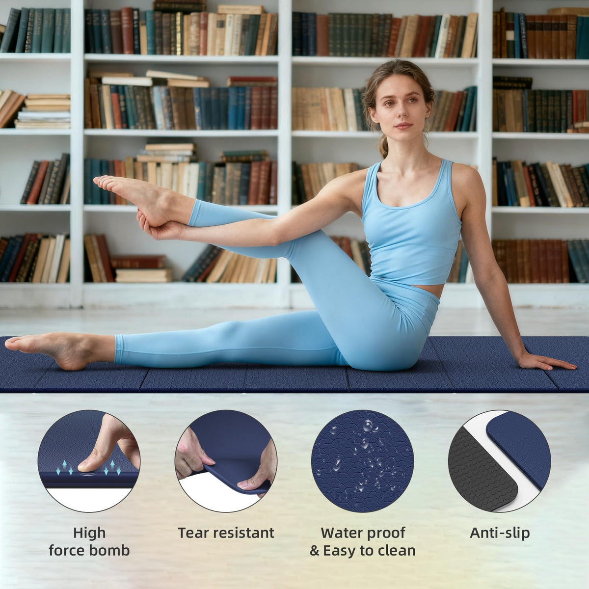 Foldable TPE Yoga Mat Thick 10mm (Dark Blue)