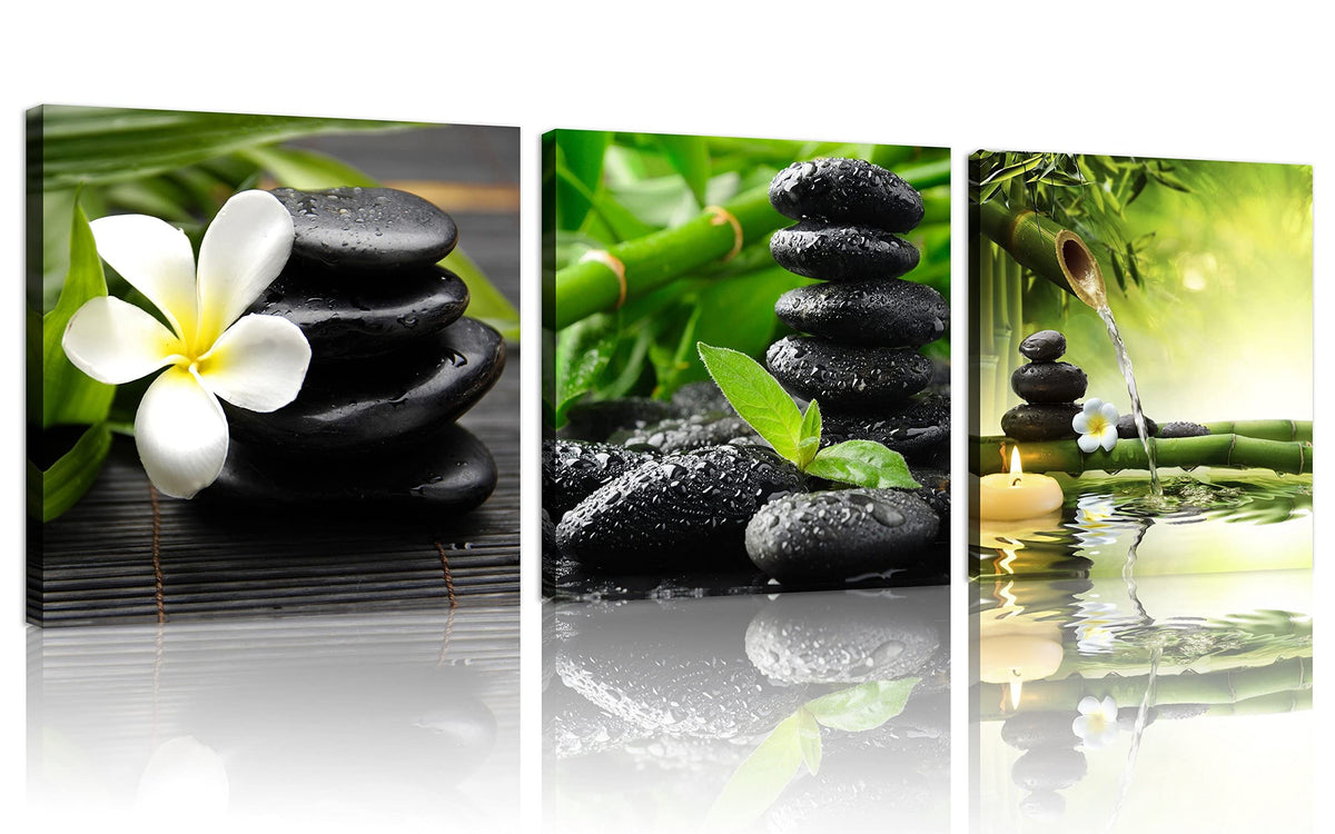 3 Panel Zen Canvas Wall Art Still Life SPA Stone Green Bamboo White Frangipani Flower Pictures Prints on Canvas for Home Office Kitchen Wall Decor Stretched and Framed Each Panel 12x12inch (12x12inchx3 / Still Life Spa Stone)