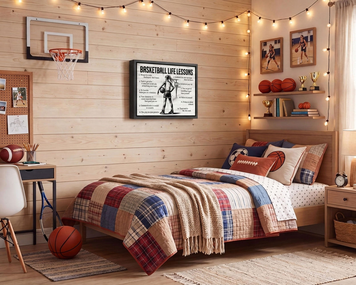 Black Framed Girl Basketball Life Lessons Canvas Wall Art 16x24in (Girl Basketball / 24"L x 16"W)