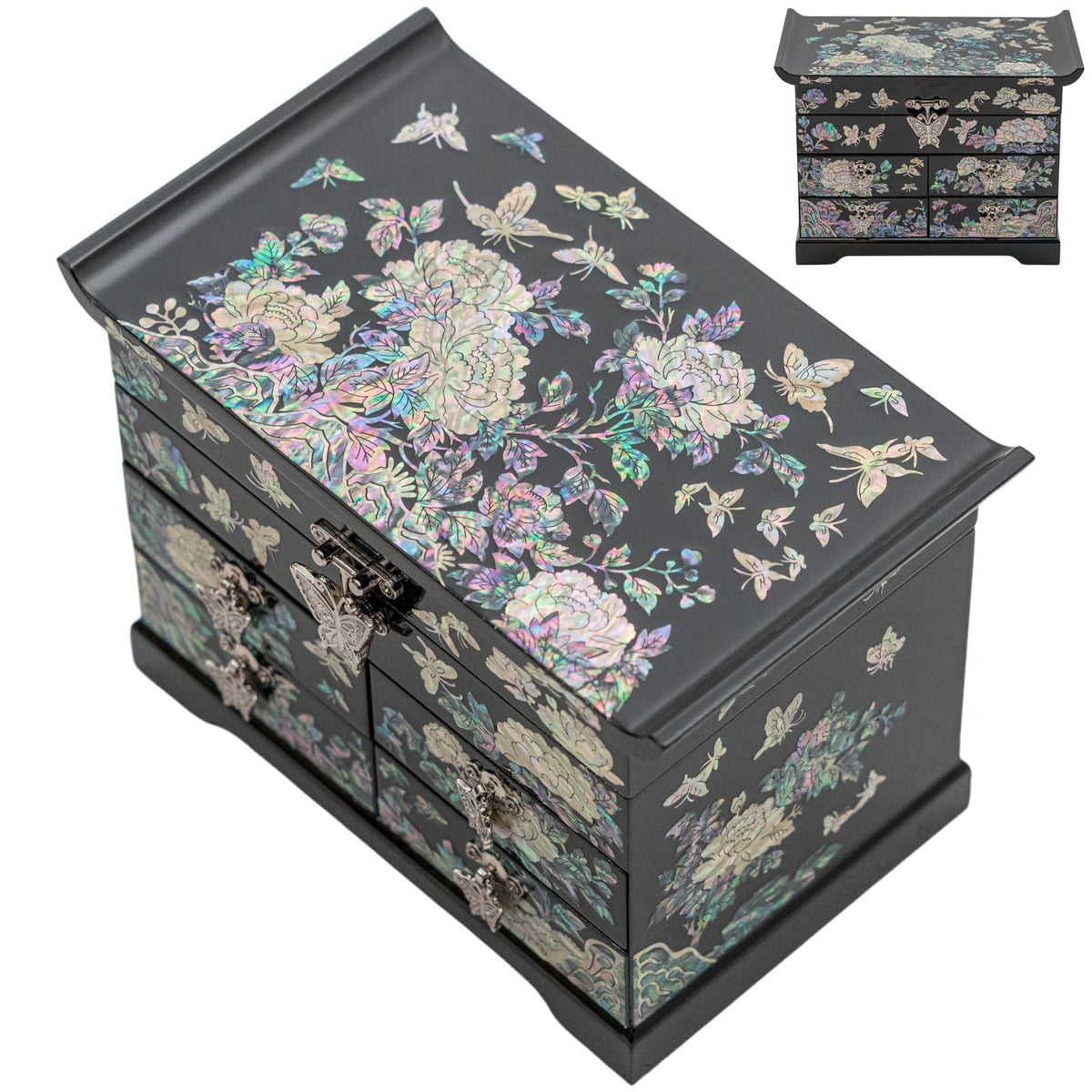 Mother of Pearl Jewelry Box with Traditional Mother of Pearl Inlay (Black)