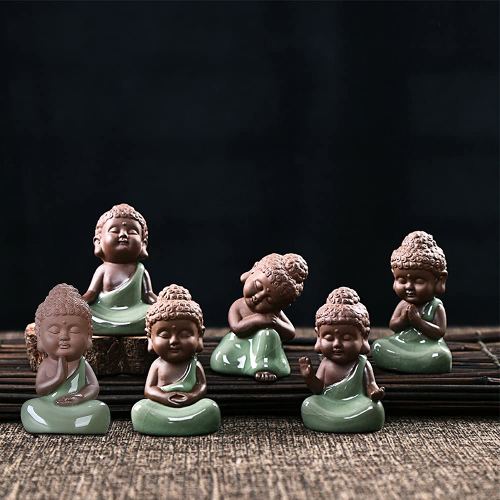 6pcs Set Ceramic Tiny Cute Baby Buddha Statue Collection Monk Figurine Cute Buddha Babies Adorable Baby Buddha Monk Home Decoration Zen Decor Peaceful Rulai Figurines (Collection)