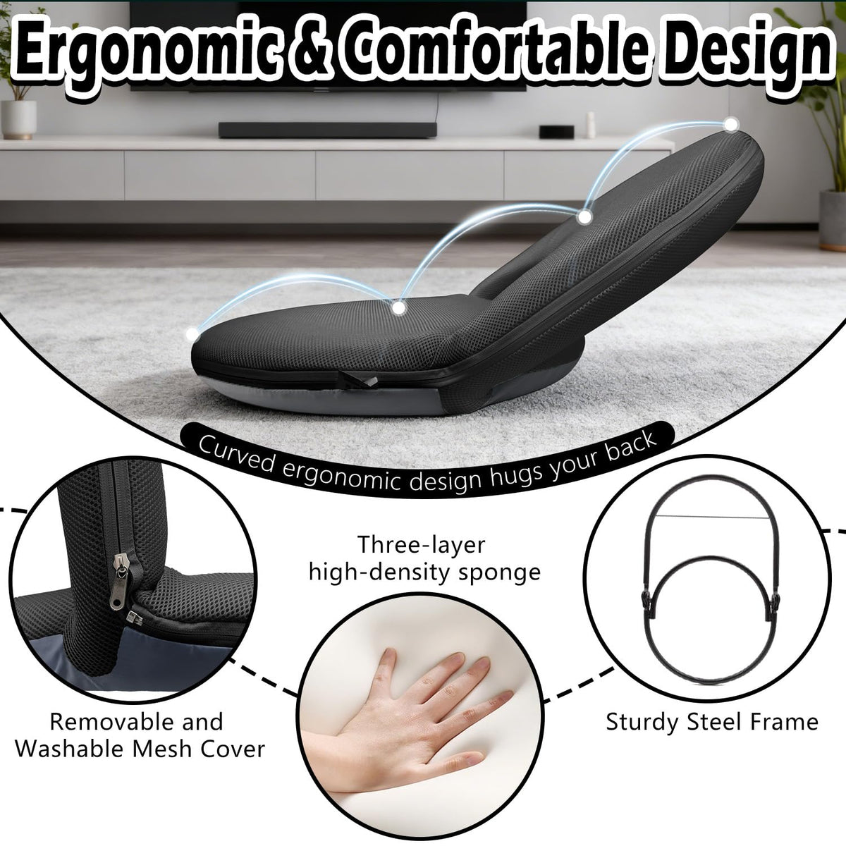 Floor Chair Floor Cushion Folding Padded Gaming Chair Adjustable 5 (Black)