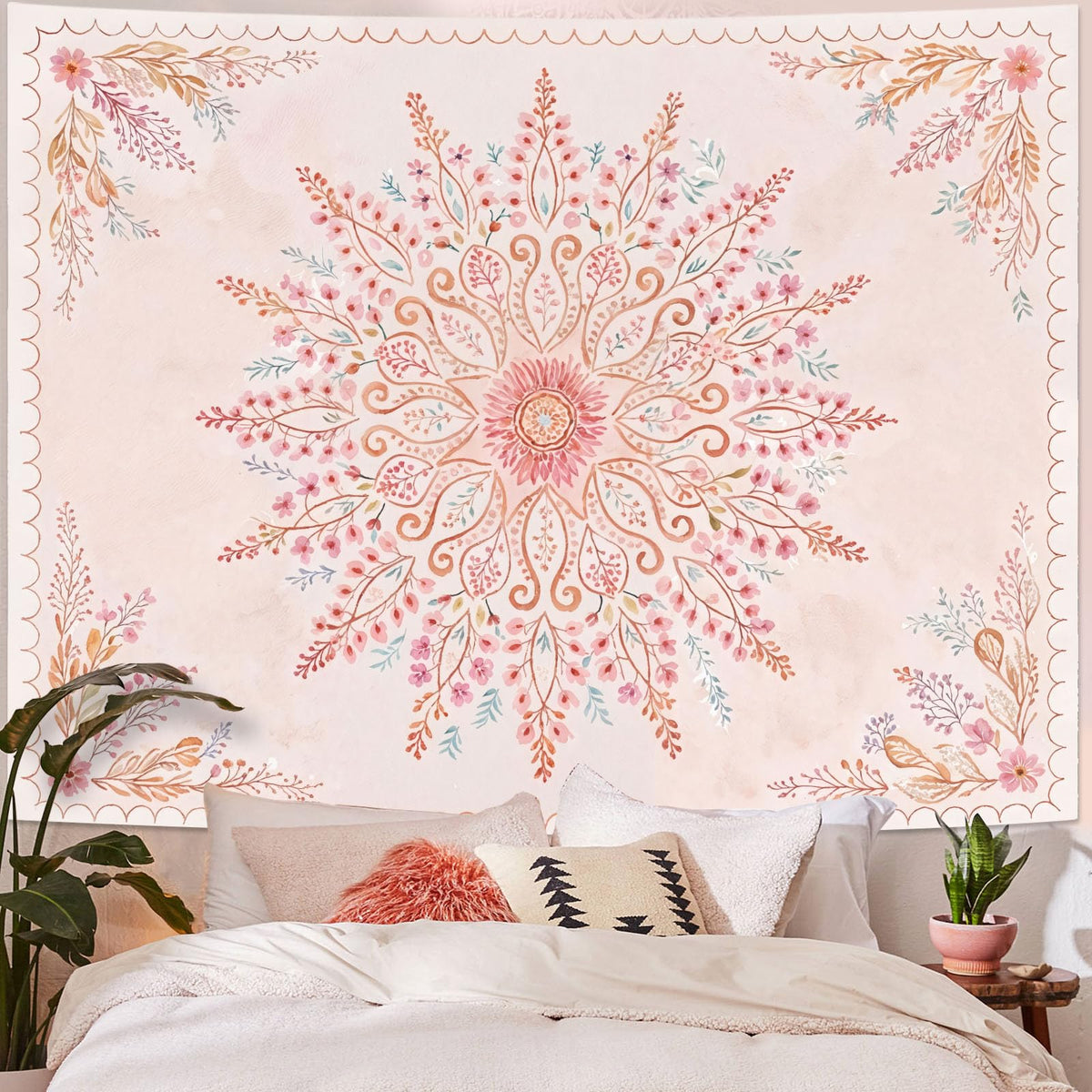 Floral Mandala Tapestry Boho Tapestry for Bedroom Pink Tapestries Wall Hanging Living Room Wall Art and Home Decor 60x80 (80"L x 60"W / Pink)
