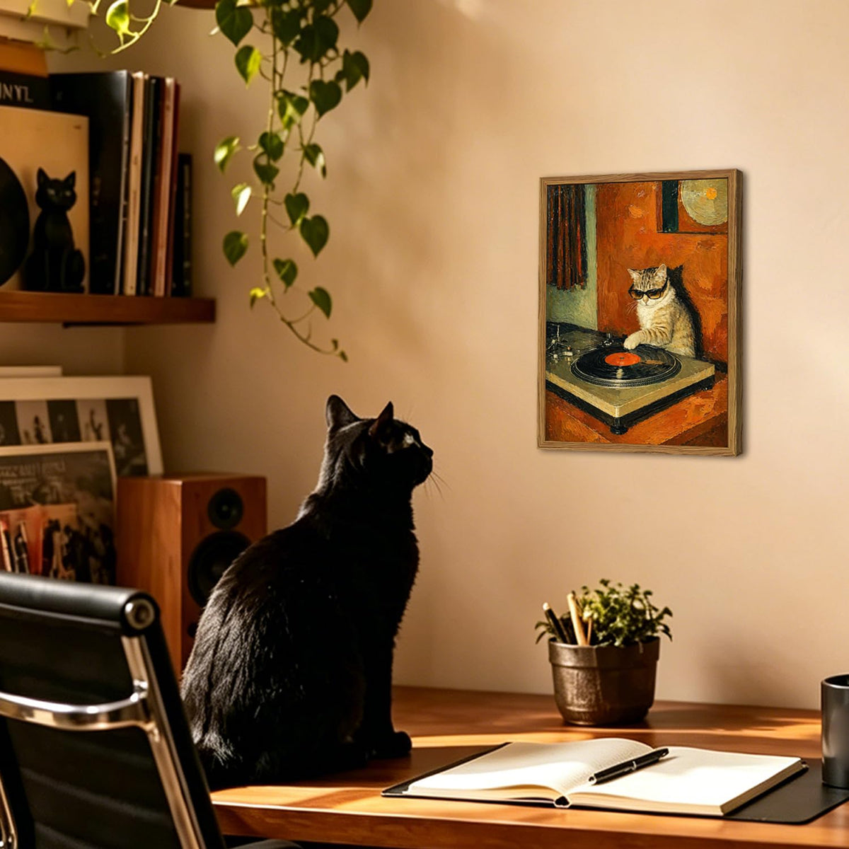 Framed Vintage DJ Cat Wall Art (Cool Cat / 10"L x 8"W)