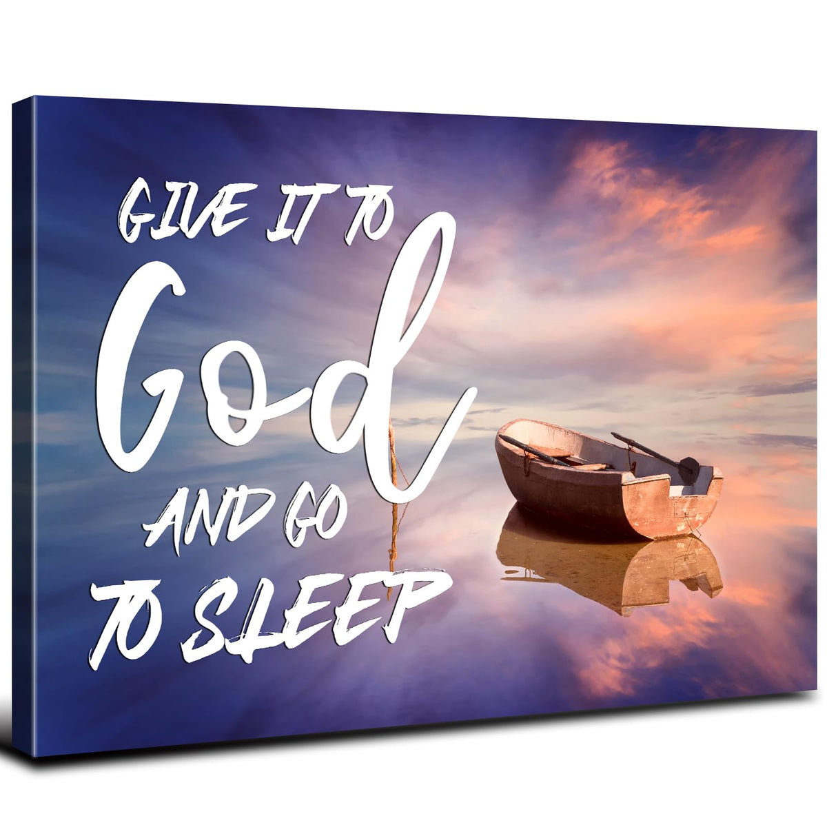 Beach Christian Wall Art Canvas Give It to God and Go to Sleep Religious Sign Poster Bedroom Wall Decor Bible Verse Scripture Artwork Sunset Boat Picture Living Room Above Bed Home Decorations 12x16'' (16"L x 12"W / God)
