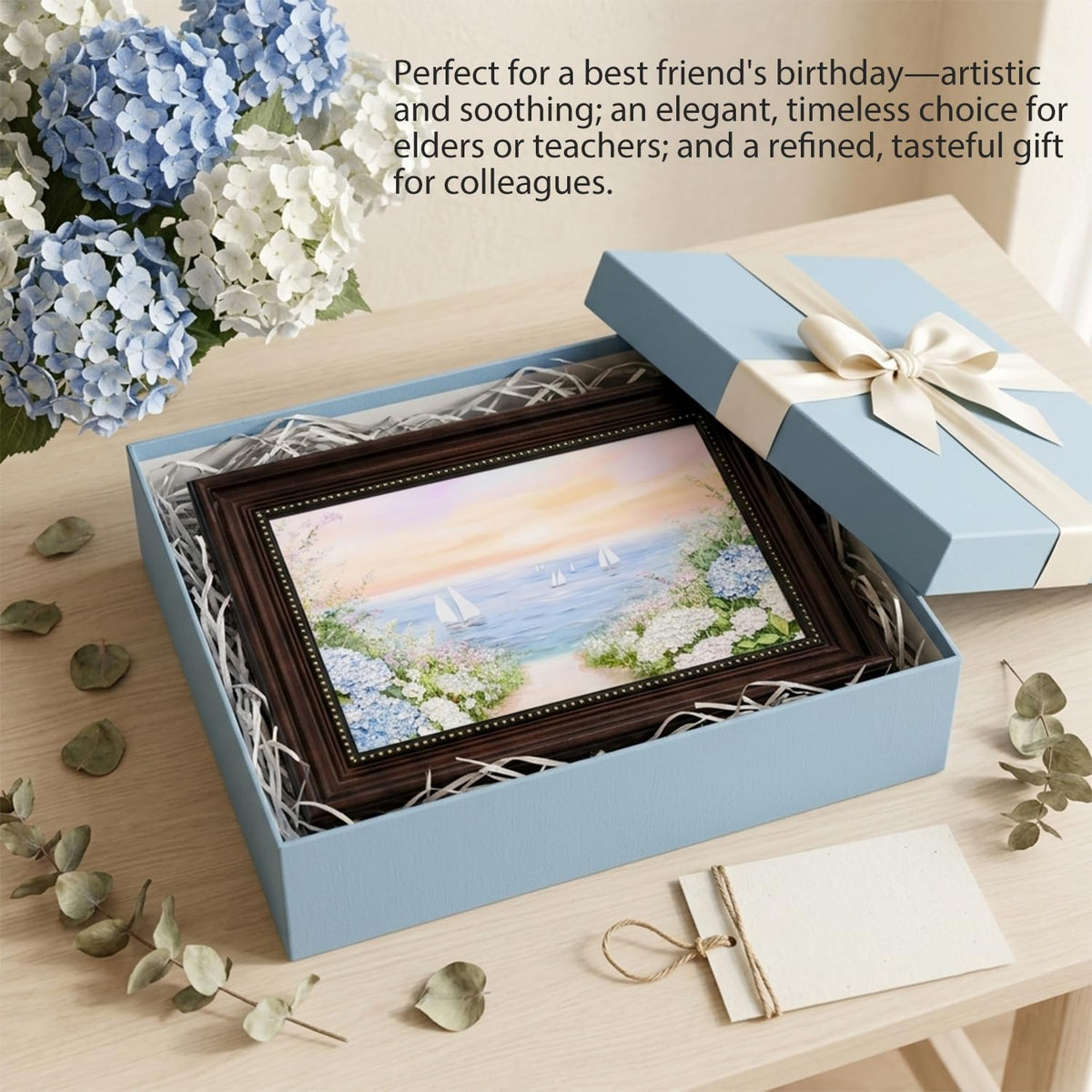 Dark Brown Framed Powder Blue Coastal Hydrangea Canvas Wall Art 12x16 in (Coastal Hydrangea / 16"L x 12"W)