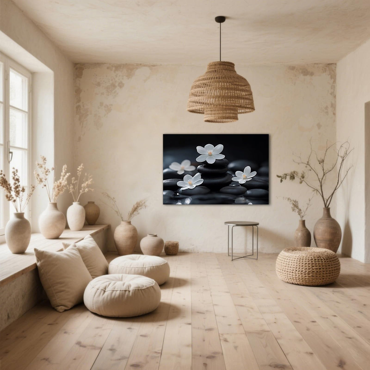 Zen Wall Art Canvas Print Black Stones and White Cherry Blossoms Picture Framed Artwork Poster for Meditation Room Spa Bathroom Decor (WE000050-8 / 30"L x 20"W)