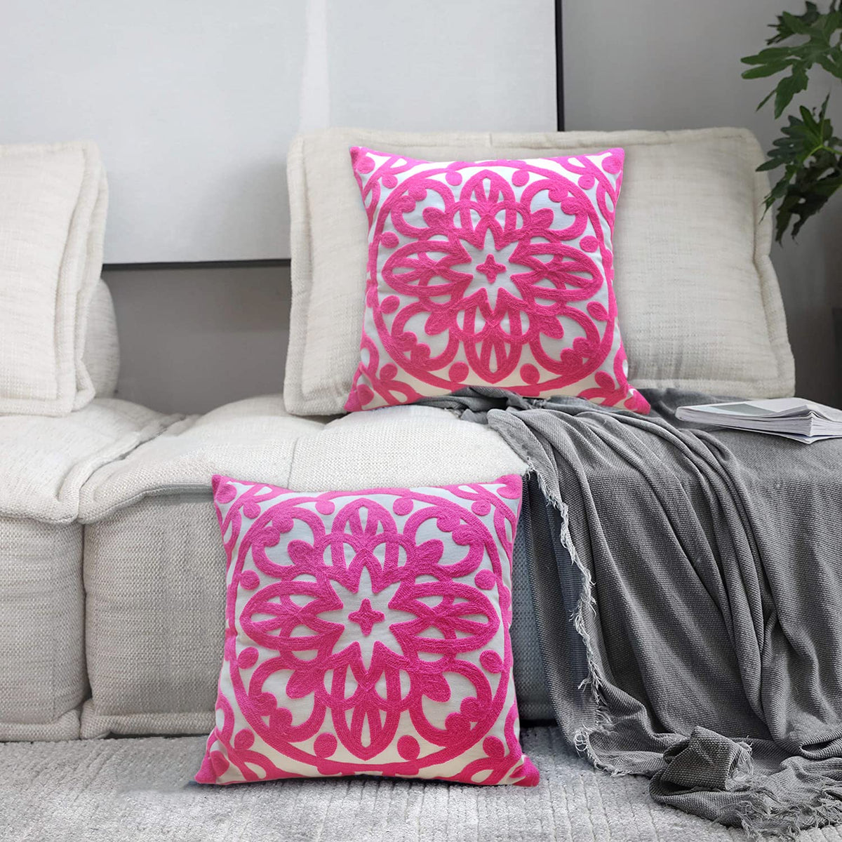 Boho Embroidered Throw Pillow Cover 18"x18" Set of 2 (Vivid Hot Pink / 18" x 18" (Pack of 2))