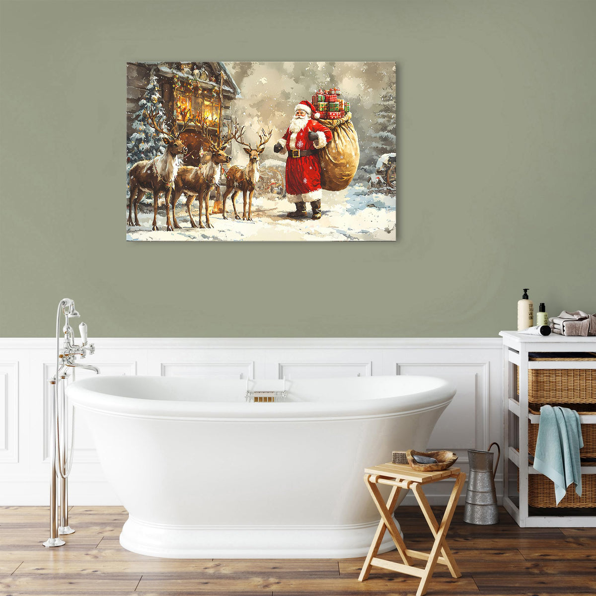Vintage Christmas Wall Art Rustic Farmhouse Santa Claus Wall Decor Winter Deer Canvas Pictures Christmas Tree Santa and Reindeer Painting Artwork for Living Room Bathroom Home Decorations 24x36" (36"L x 24"W / Santa Claus)
