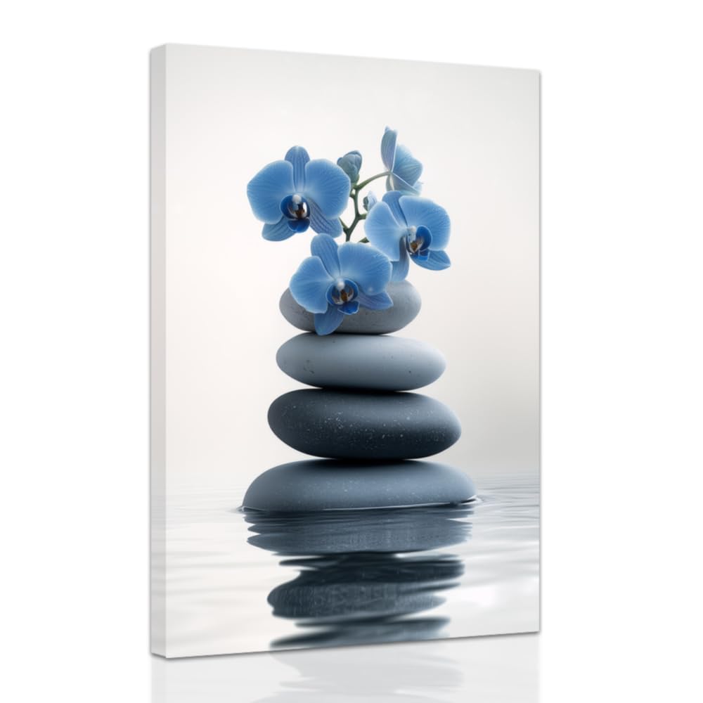 Zen Wall Art Stones Picture Orchid Canvas Painting Blue Zen Water Prints Spa Bathroom Decor Meditation Yoga Room Office Home Framed (Blue / 16" x 24")