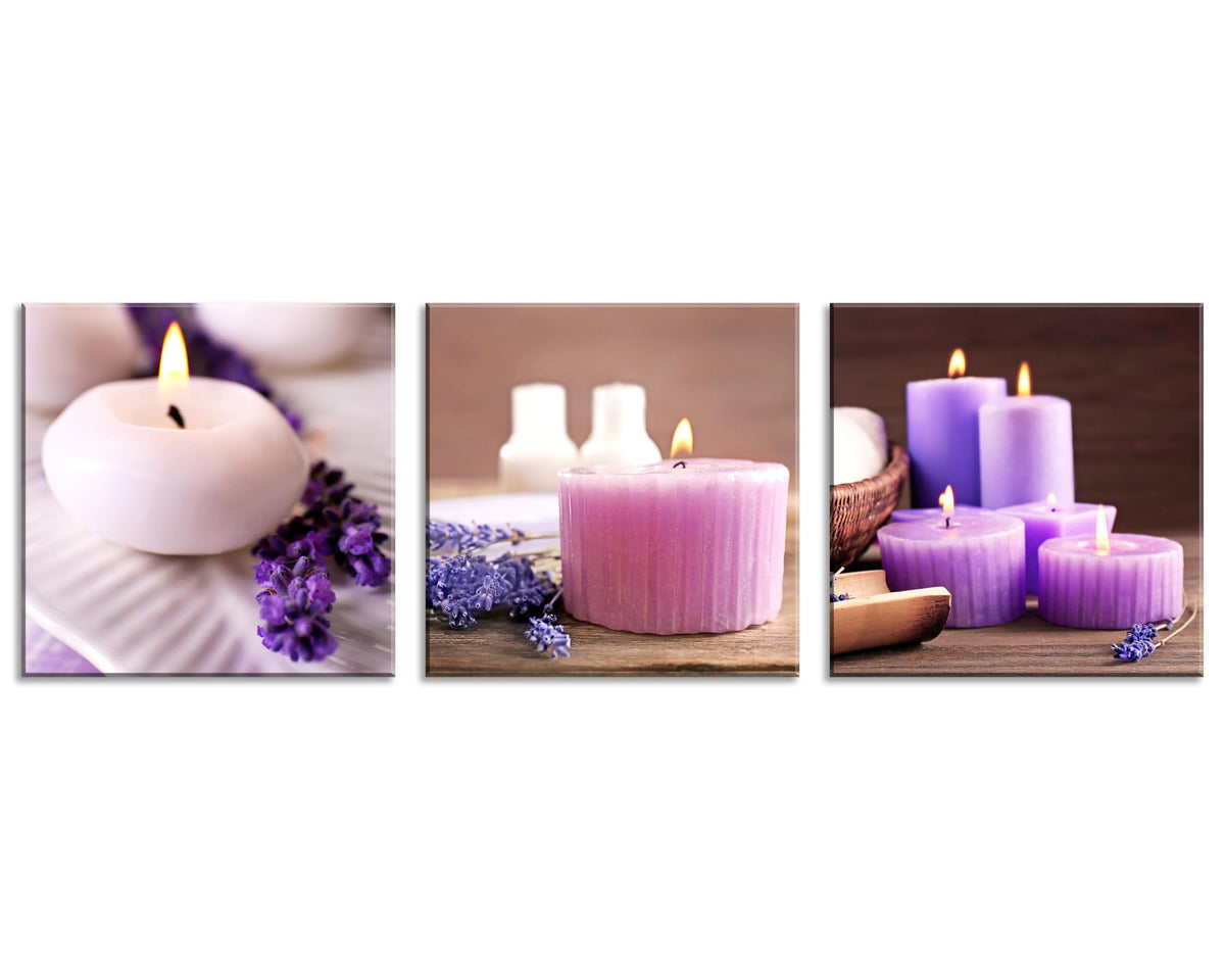 Zen Canvas Wall Art Spa Still Life with Lavender Aromatherapy Candles and Zen Stone Aroma Lavender Flower Painting Pictures Print on Canvas Ready to Hang for Bathroom Decoration (12X12inchX3pcs / lavender candles)