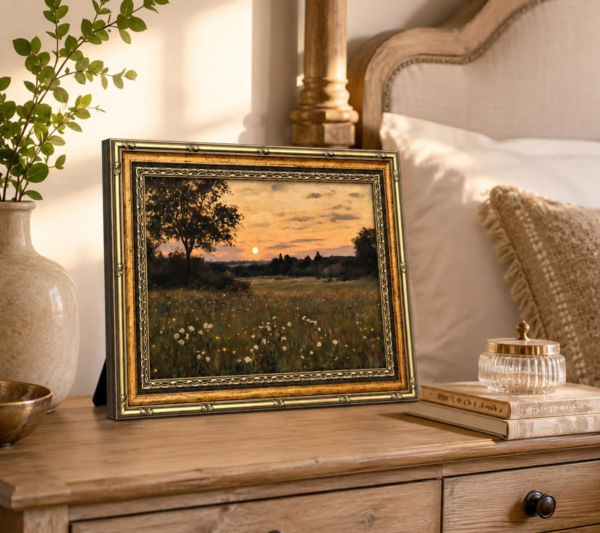 Framed Vintage Floral Wall Art Sunset Flower Field Canvas Print Poster Country Gallery Style Landscape Painting Living Room Bedroom Farmhouse Wall Decoration 8x10 Inches Ready To Hang Or Tabletop (Flowers - 10 / 8x10in)