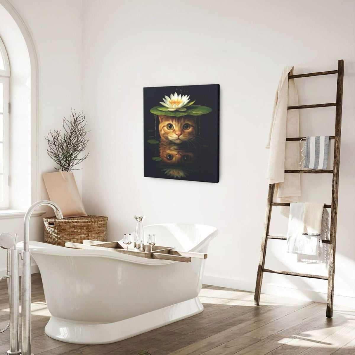 Cat Bathroom Wall Art For Woman Water Lily Kitten Canvas Wall Decor Oriental Asian Pictures Paintings Prints Vintage Aesthetic Artwork Framed Decorations For Bathroom Bedroom Living Room Office Gifts 20" x 24" (Waterlily Cat / 24"L x 20"W)