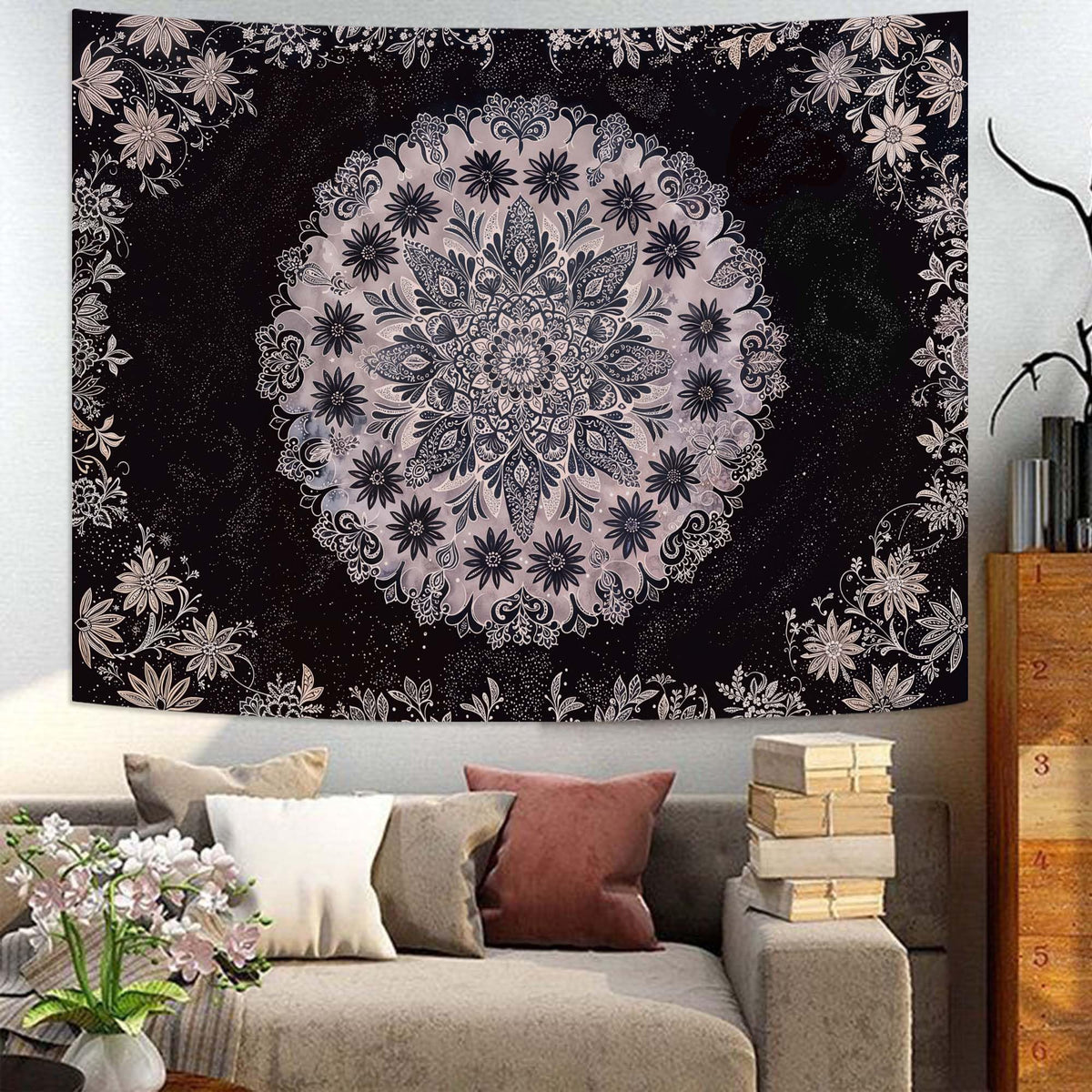 Boho Floral Mandala Tapestry Wall Hanging Grey Bohemian Flower Medallion Tapestry Aesthetic Gray Black Hippie Indian Small Tapestries for Bedroom Living Room Dorm Decor 60 x 44 Inch (Black Gray / 60"L x 44"W)