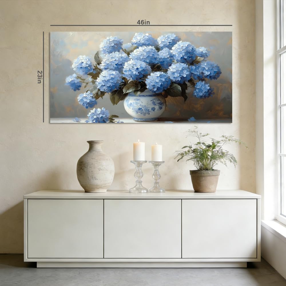 Blue Hydrangea Canvas Wall Art Floral Chinoiserie Vase Painting Flat Print Gallery Wrapped Classic Elegance Artwork for Living Room Bedroom Bathroom Decor (Bohemian / White Hydrangea Vase 2 / 40"L x 20"W)