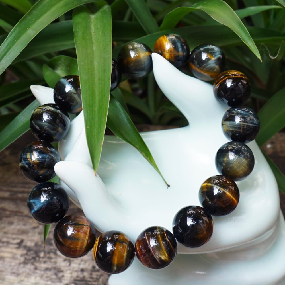 16MM Yellow Blue Tigers Eye Beaded Bracelet for Men (16MM Yellow Blue Tigers Eye Beaded Bracelet)
