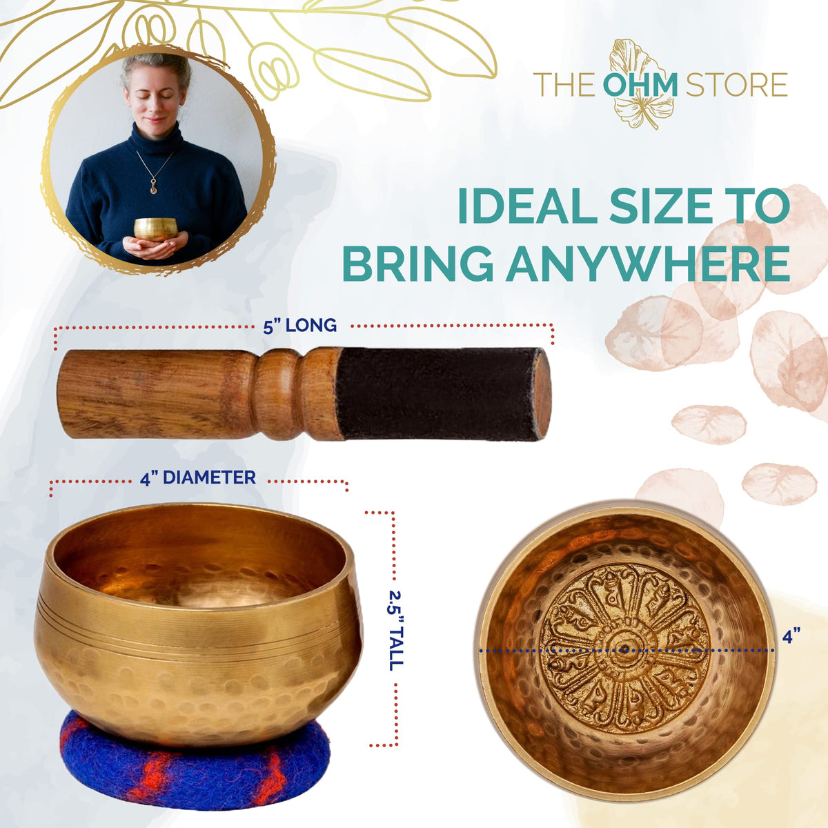 Tibetan Singing Bowl Set by The Ohm Store with 'Medicine Buddha' Engraving (4 Inch Singing Bowl)